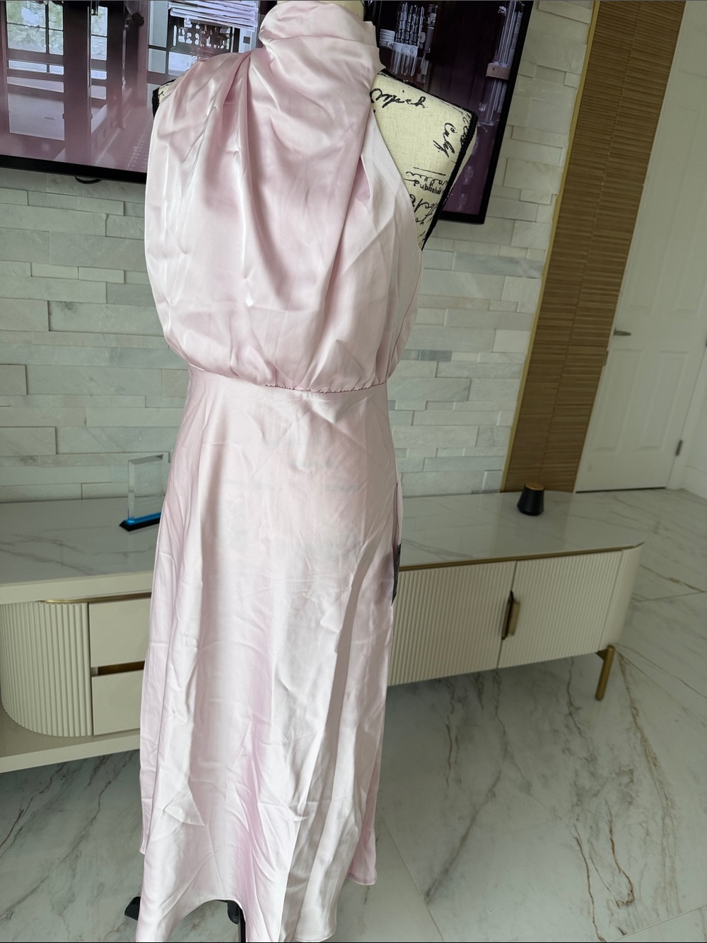 Lulus Elegant one shoulder Mockneck Pink Satin Dress